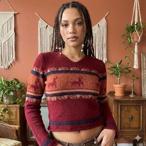 Vintage 90s Y2k Red Wool Fair Isle Sweater Cottagecore Après Ski Nordic Size XS